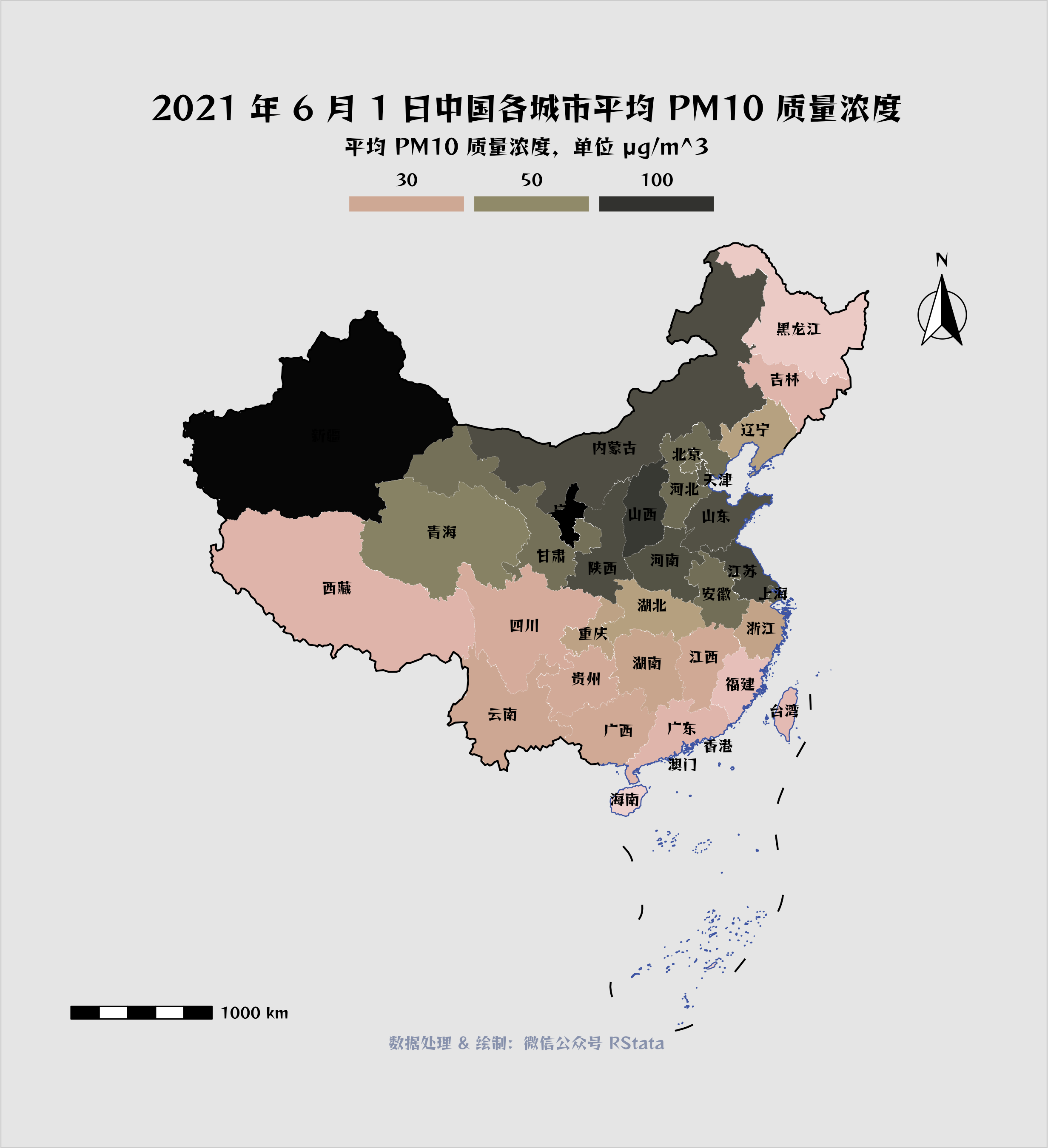2021 年 6 月 1 日中国各省份的年均 PM10 质量浓度分布（单位：微克/立方米）
