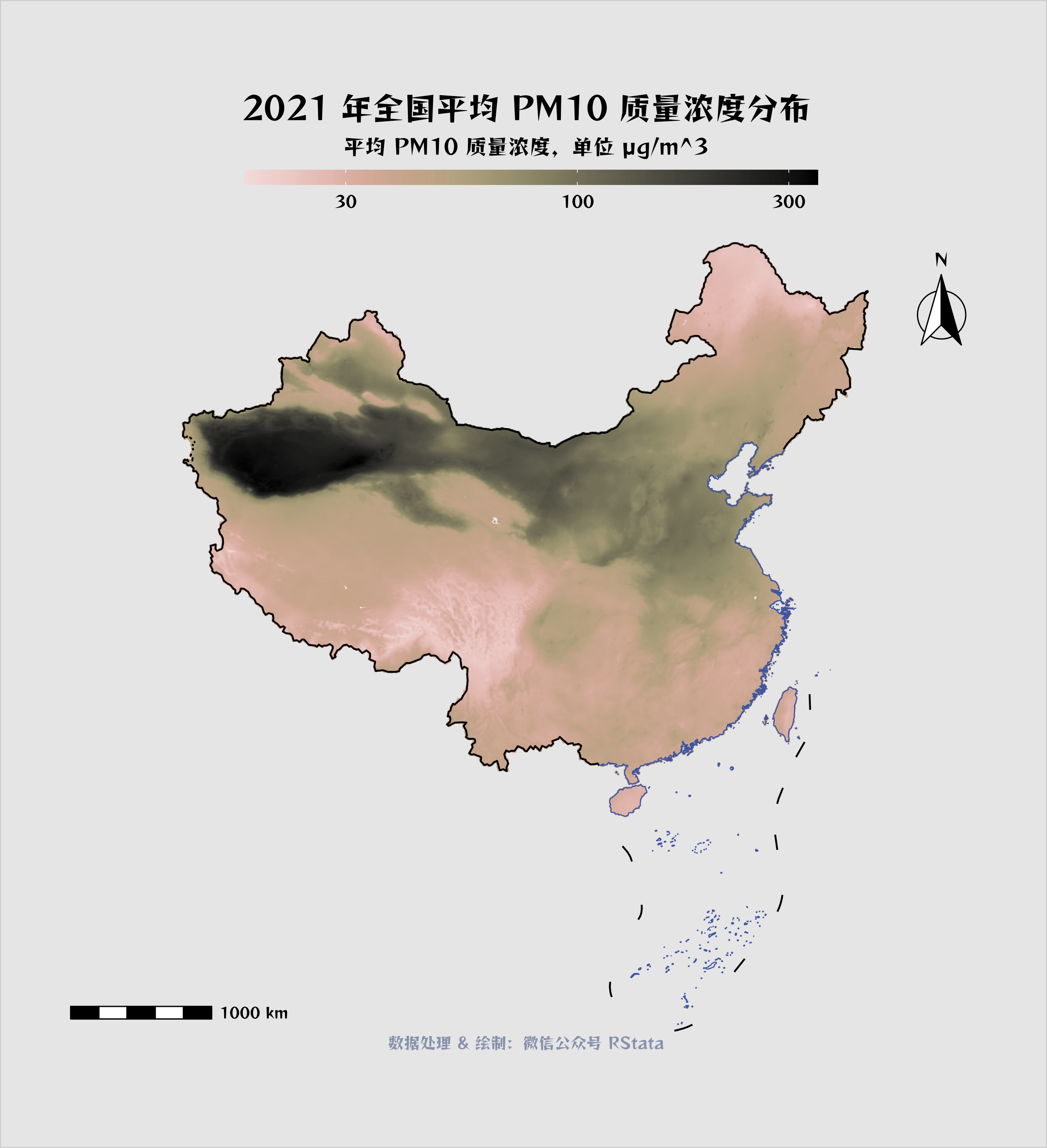 2021 年全国平均 PM10 质量浓度分布
