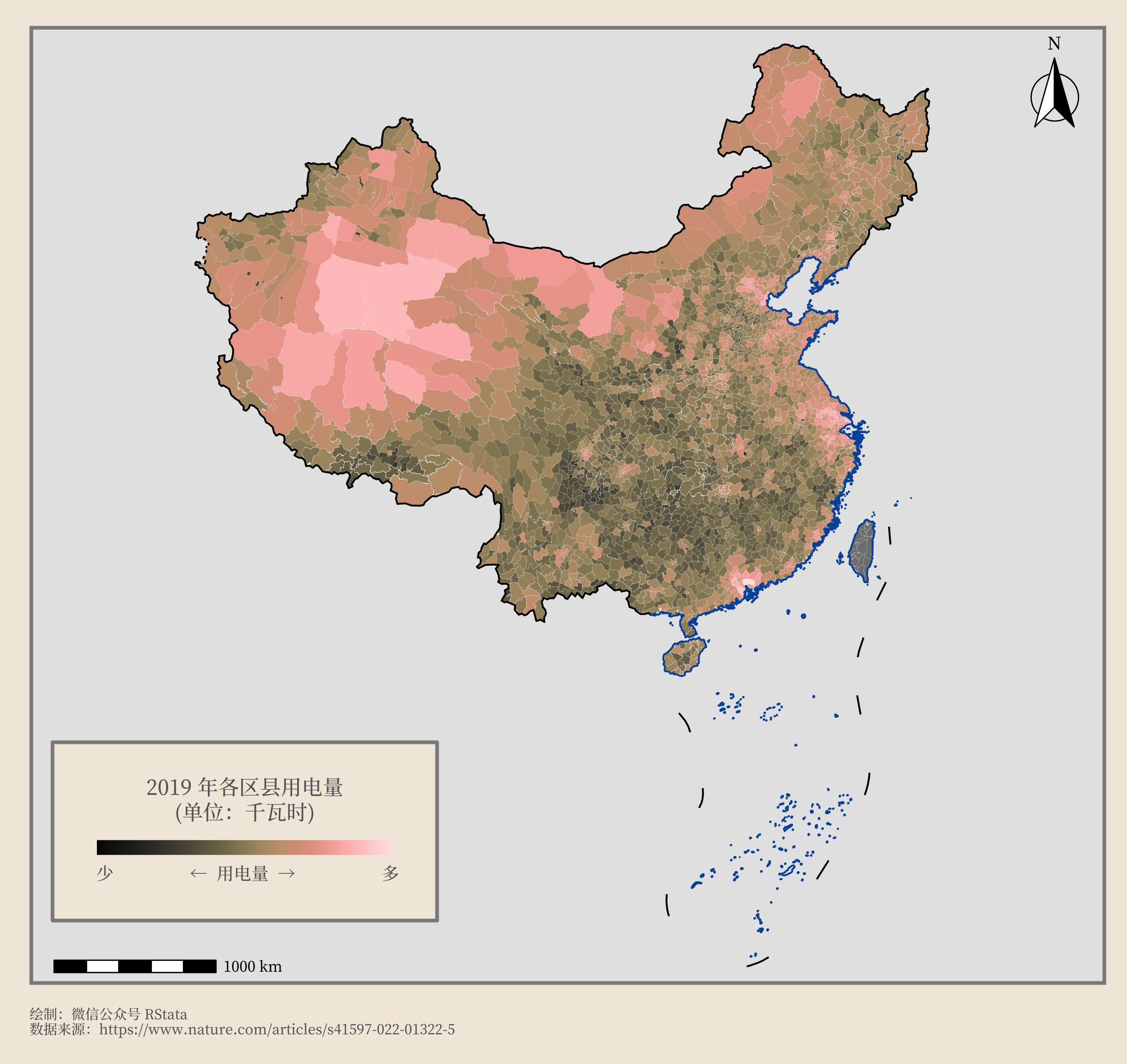 2019 年中国各区县用电量分布