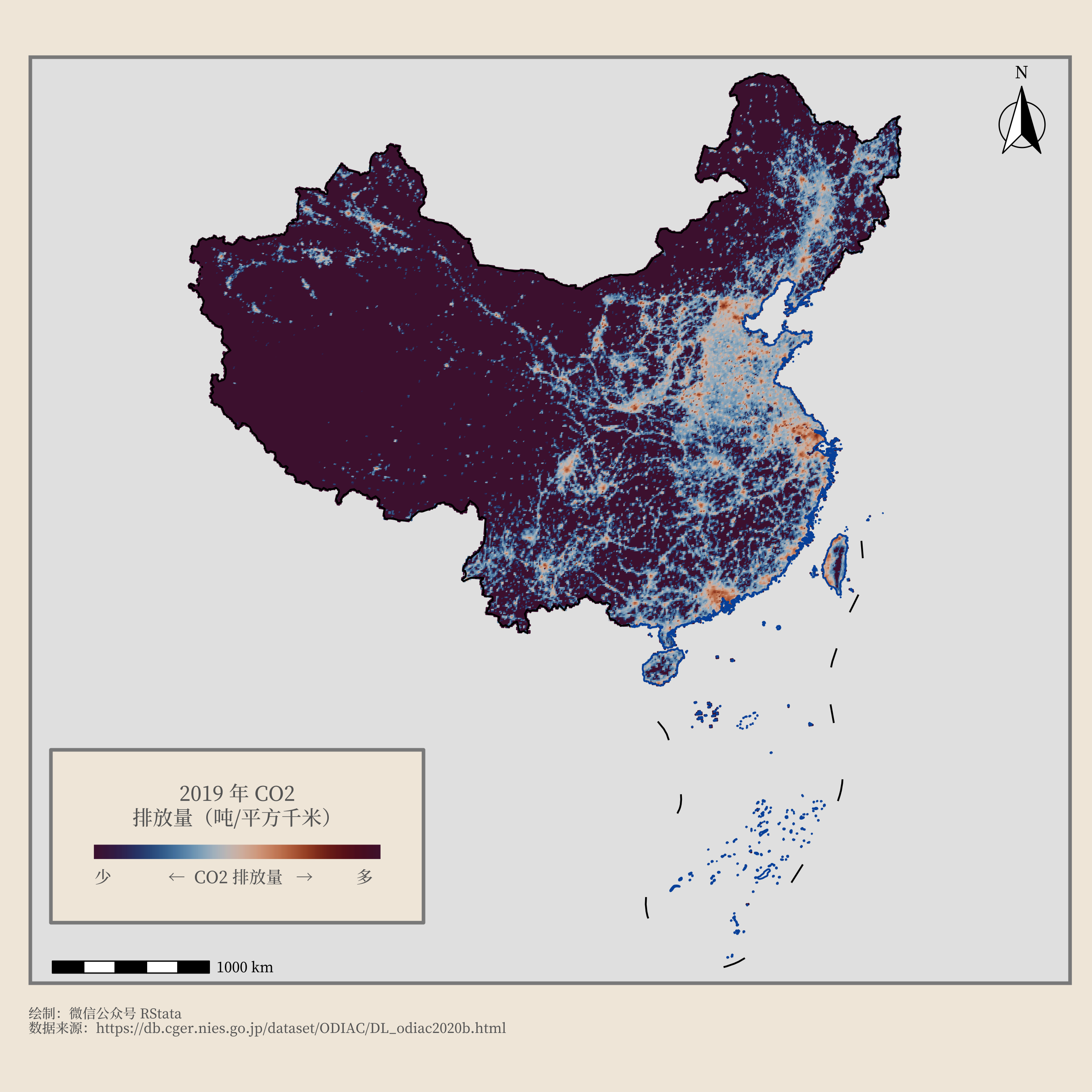 2019 年中国各地的 CO2 排放强度