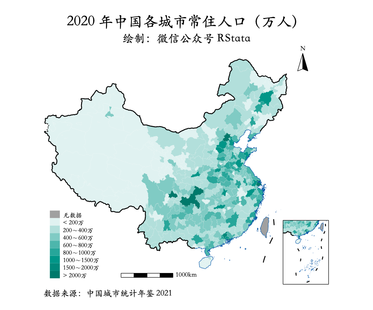 2020 年中国各城市常住人口（万人）