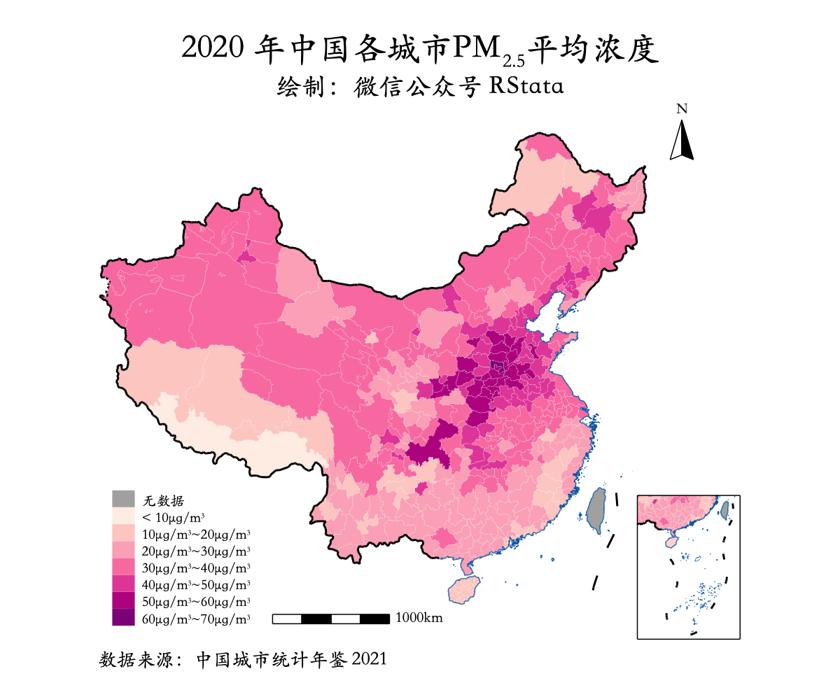 2020 年中国各城市PM2.5质量浓度