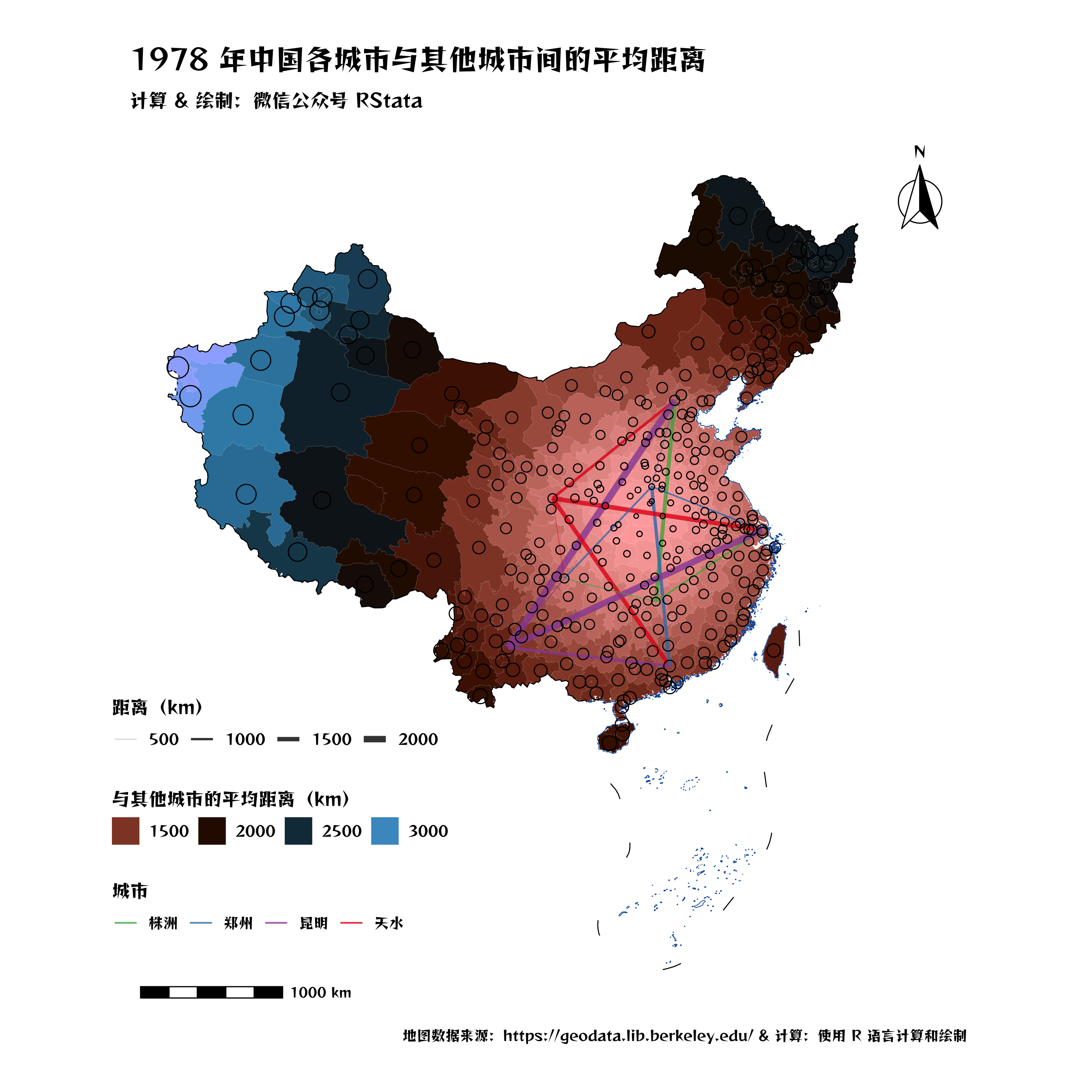 1978 年中国各城市与其他城市间的平均距离